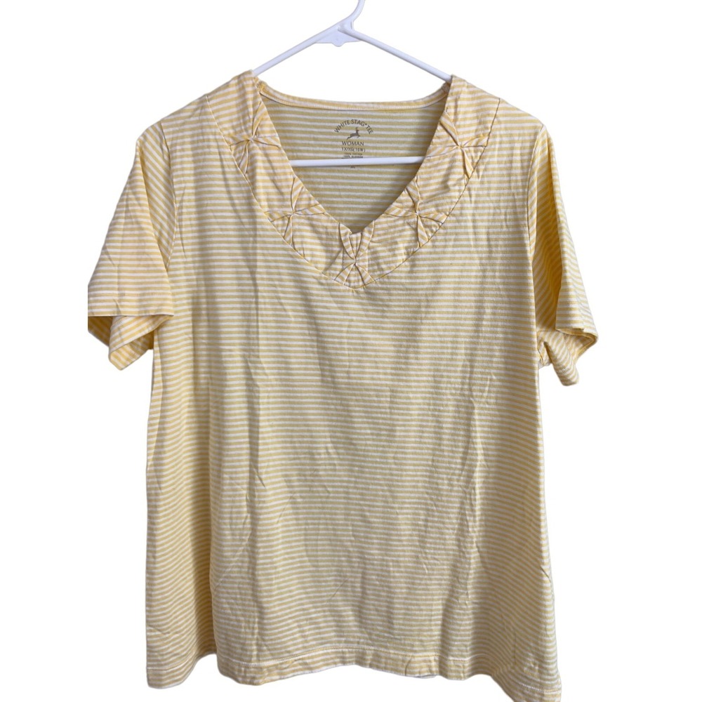 White Stag Womens 1X T-Shirt Top Yellow White Striped Short Sleeve Cotton V-Neck